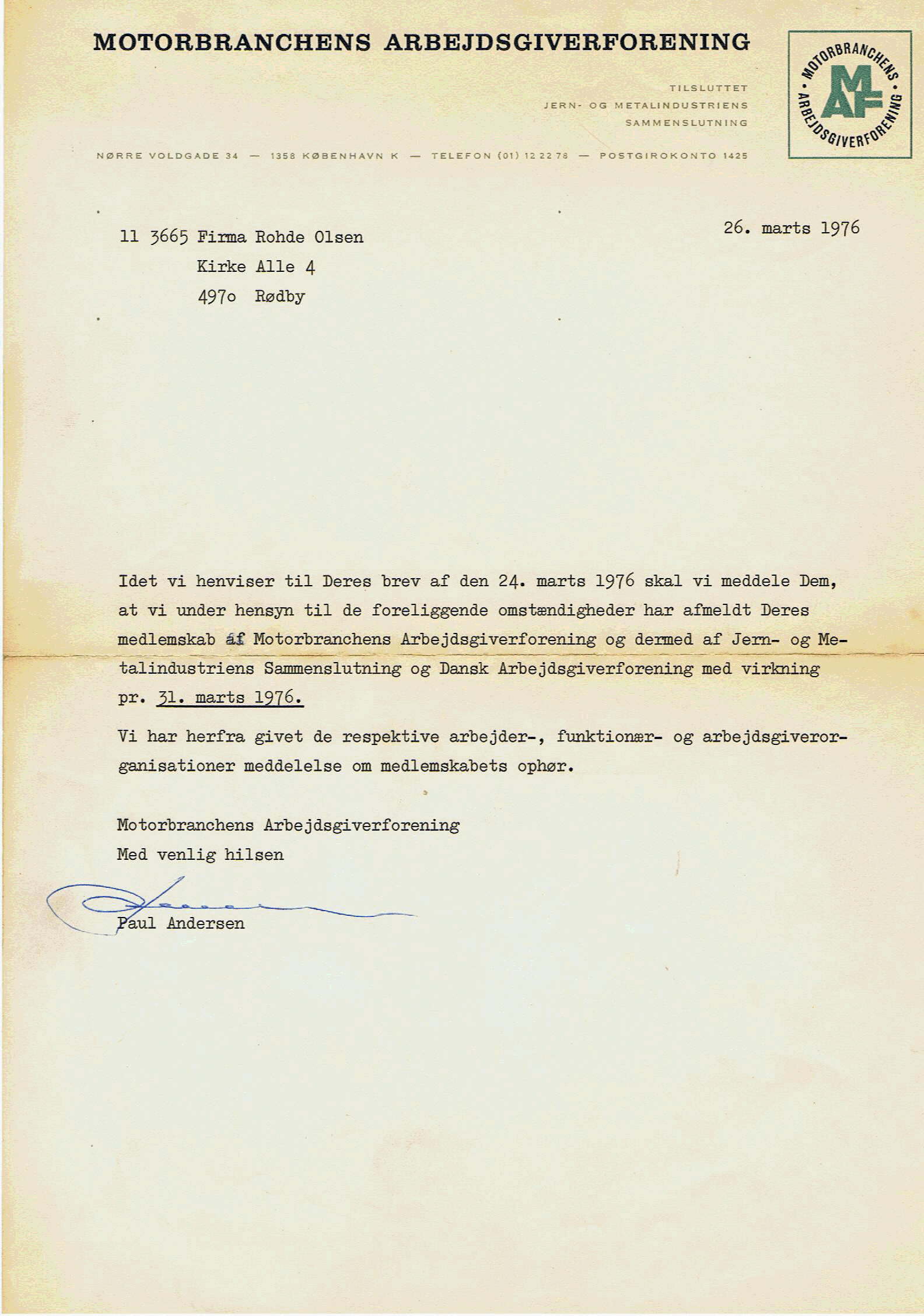 Brev fra Arbejdsgiverforeningen 1976