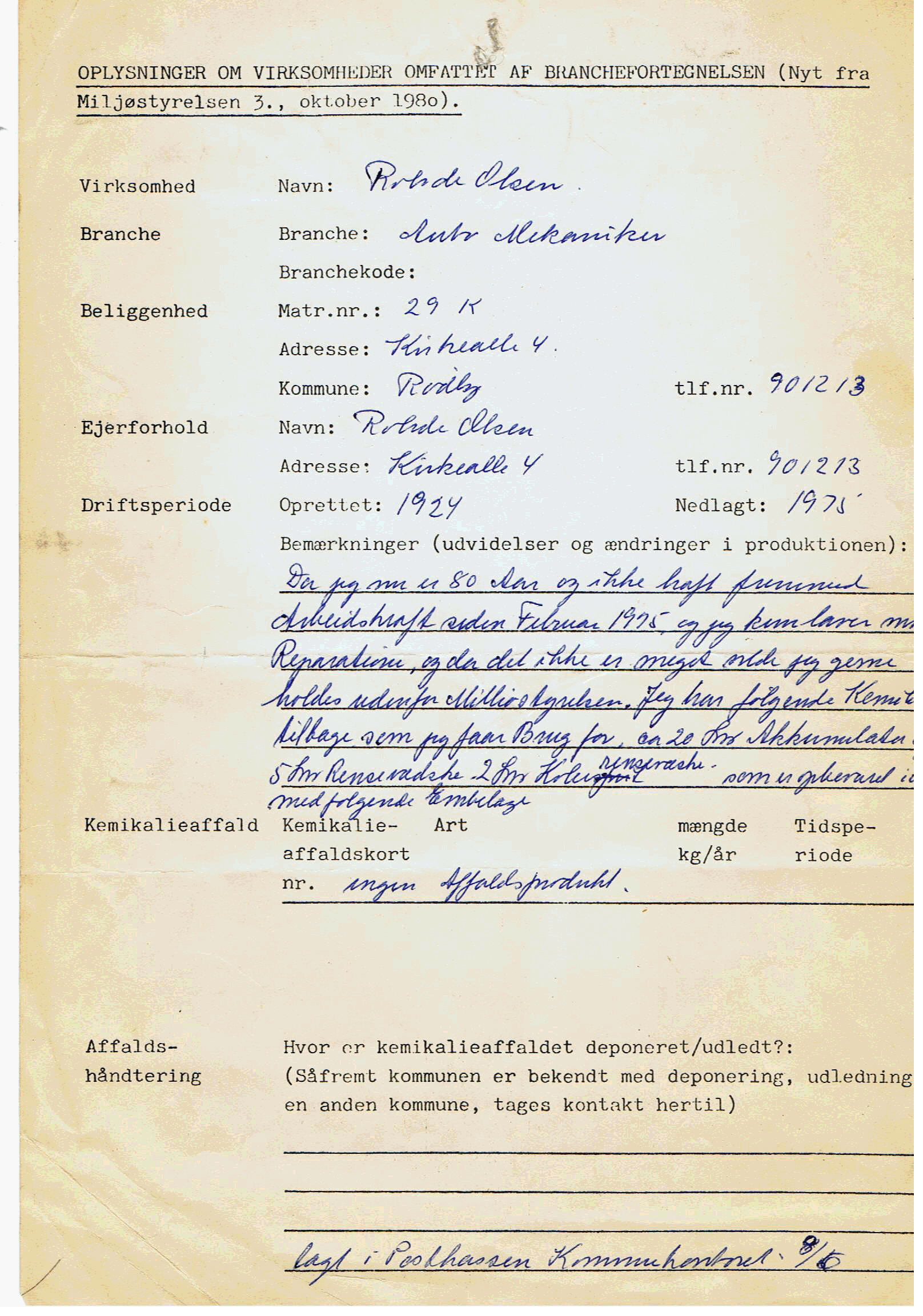 Brev til Miljstyrelsen 1981