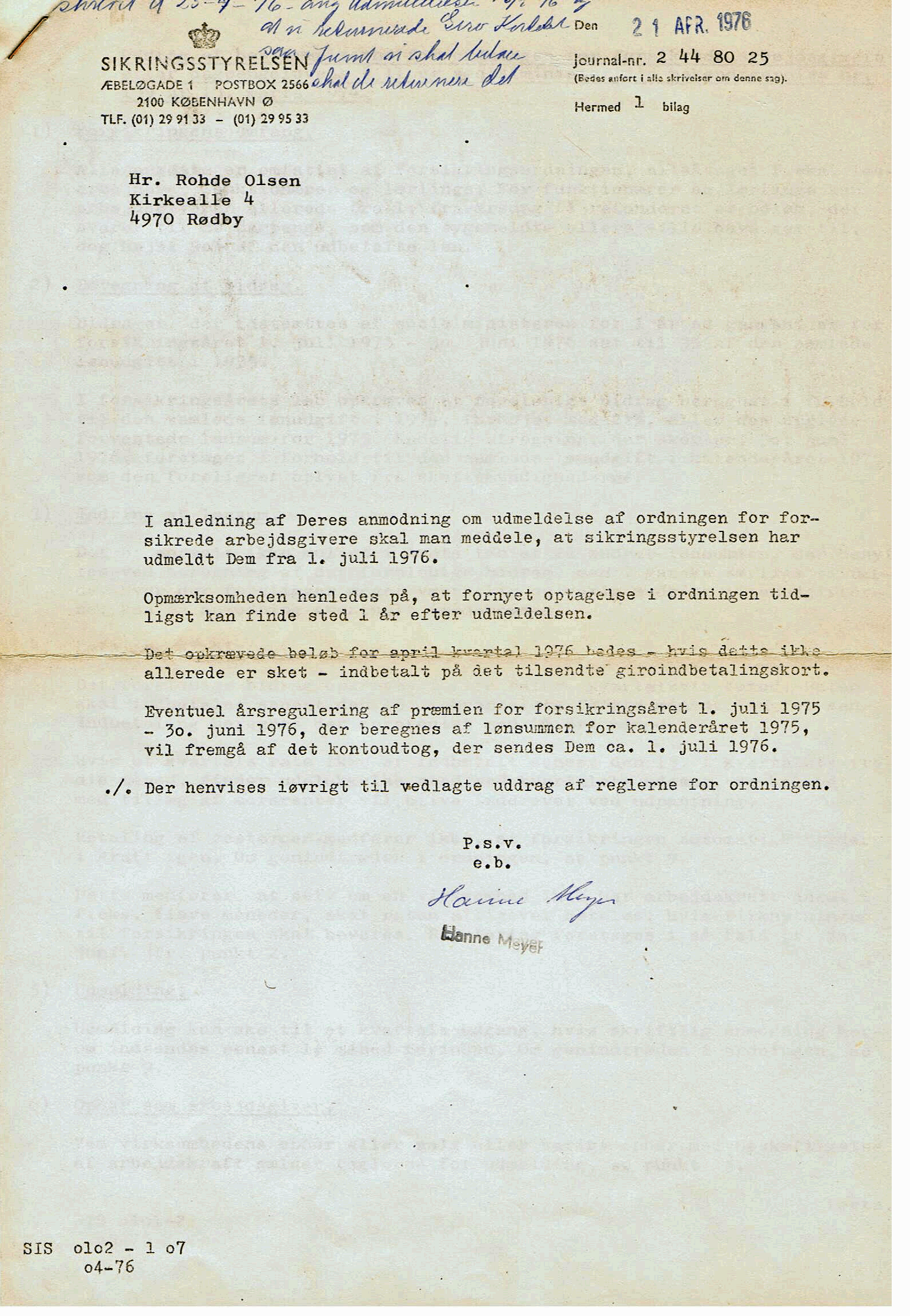 Brev fra Sikringsstyrelsen 1976