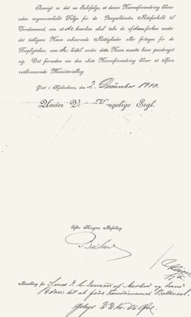Kongeligt brev i forbindelse med navneforandring, 1910